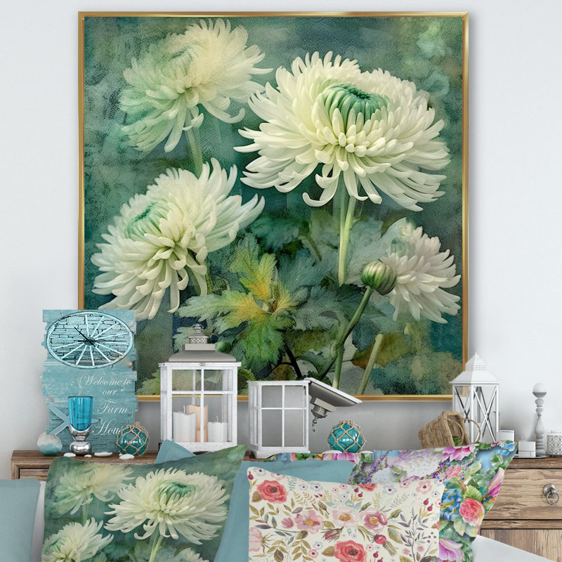 «White and Green Chrysanthemums Collage», art mural sur toile de chrysanthèmes, Cadre flottant doré, H 16 po x l 16 po