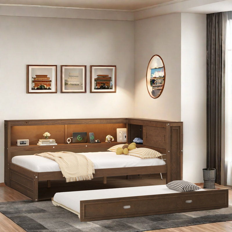 Sakima  Daybed With Storage Shelves, Charging Station, Led And Trundle, Antique Wood