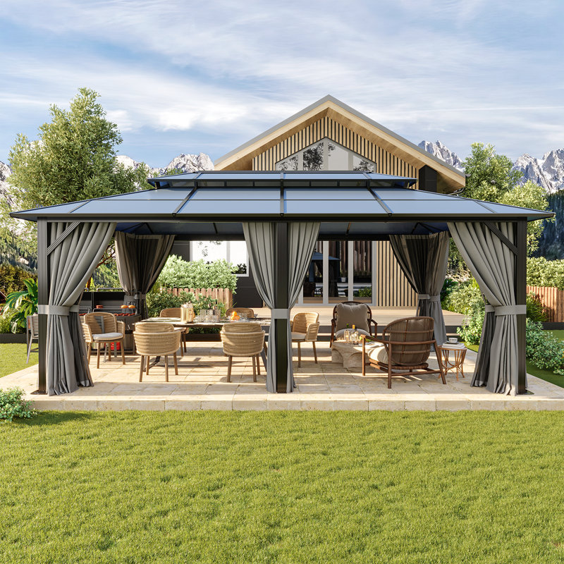 Pavillon de jardin à toit rigide 20 po x 12 pi avec double toit, pavillon de jardin extérieur en polycarbonate avec rideaux et filet, abri de patio permanent à cadre en aluminium pour la cour, la terrasse, le bord de la piscine