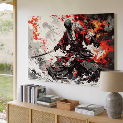 A Fierce Warrior In Flowing Samurai Robes Canvas Stands With His Sword Engulfed In Dramatic Wall Art Premium Quality Ready To Hang