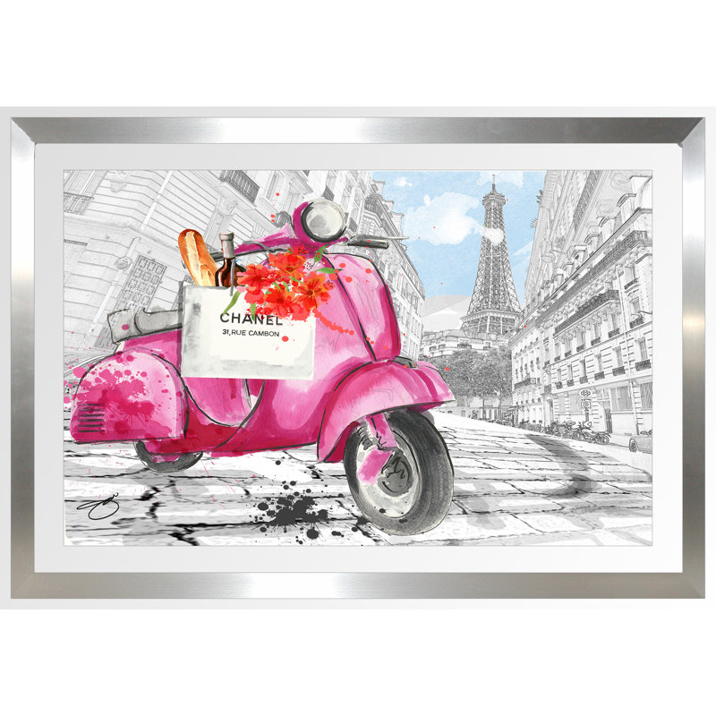 «Scoot Around Paris in Pink 2», impression encadrée, H 27,5 po x l 39,5 po, Encadré acrylique, Tapis transparent