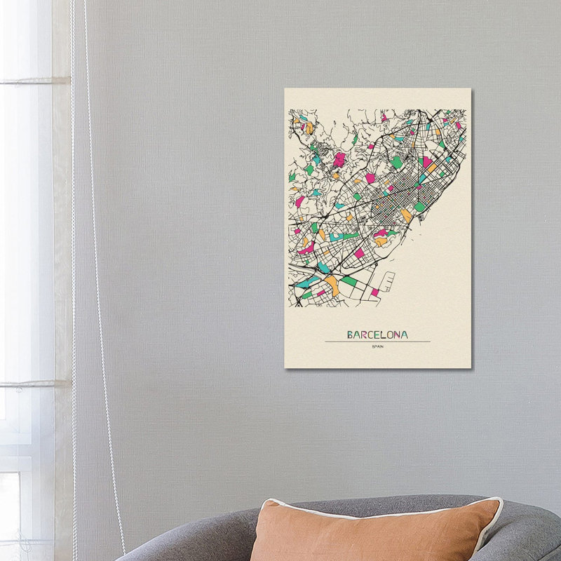 Barcelona, Spain Map by Ayse Deniz Akerman - Print on Canvas, 66.04 cm H x 45.72 cm W x 1.91 cm D, Wrapped Canvas