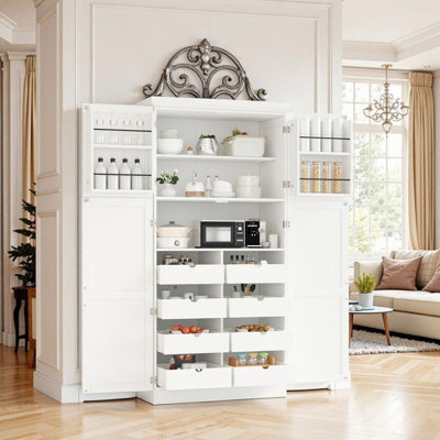 MDF Freestanding 4-Door Kitchen Pantry Cabinet With 8 Pull-out Trays And Adjustable Shelves