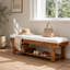 Banc d'entrée rustique en bois massif de 150 cm, banquette rembourrée en tissu bouclé avec étagère à chaussures à lattes