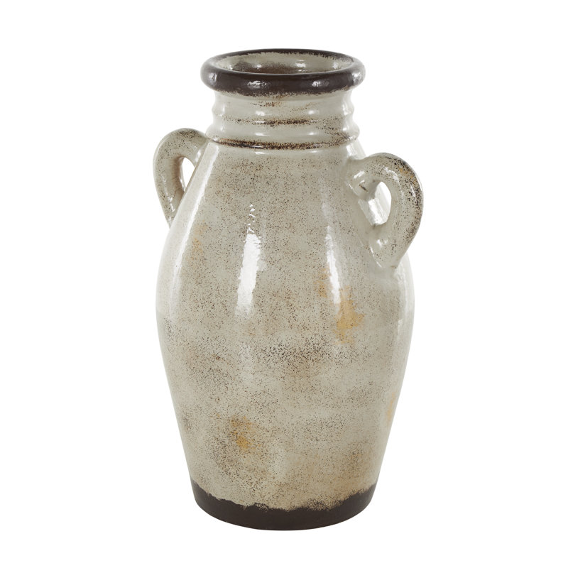 Sirvon Ceramic Antique Amphora Decorative Cream Vase with Speckled Texturing and Yellow and Brown Accents