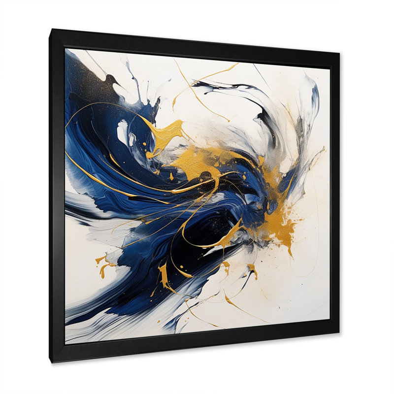 Bleu foncé et coups dorés VII - impression, Cadre simple noir, H 24 po x l 24 po x P 1 po