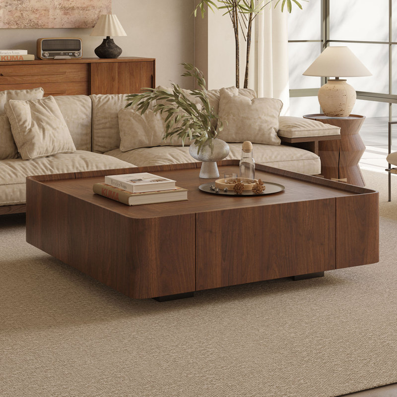 Table basse carrée en noyer avec tiroirs de rangement, H 13,4 po x L 39,4 po x l 39,4 po