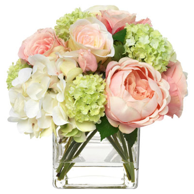 BLOOMS Pink Hydrangeas and Roses in Glass Cube Vase