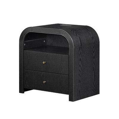 24" Fluted Nightstand With Charging Station And 2 Storage Drawers, Modern End Table With Open Shelves