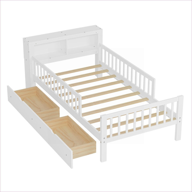 Structure de lit simple en bois massif avec rangement pour lit, blanc doux avec support de tête de lit et tiroirs sous le lit