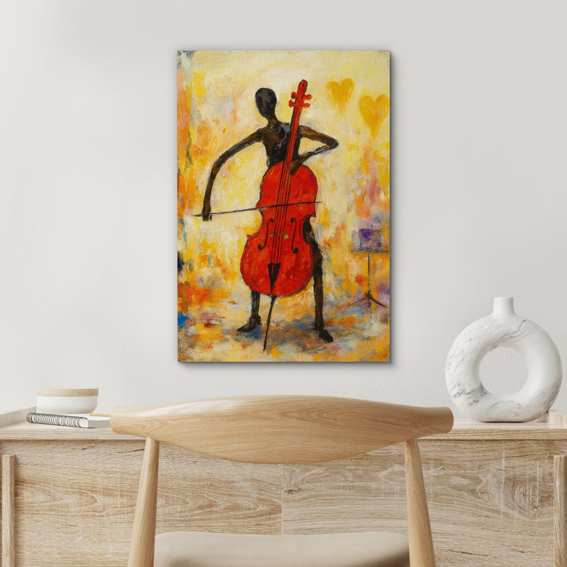 Abstrait violoncelliste avec violoncelle rouge et accents de cœur - impression sur toile encadrée, Toile tendue