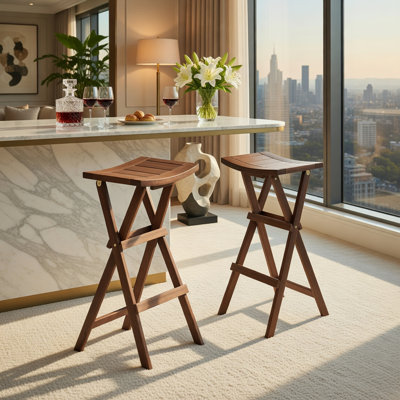  2-Pack Wood Bar Stools with Saddle Seat & Footrest, Indoor/Outdoor Kitchen Island & Balcony Seating, Foldable & Ready to Use, Walnut