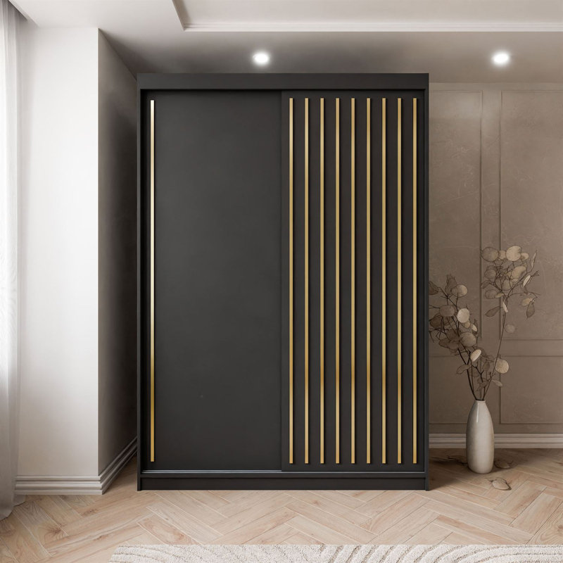 Sliding Wardrobe AURIS  with Gold Strips, Black Matt