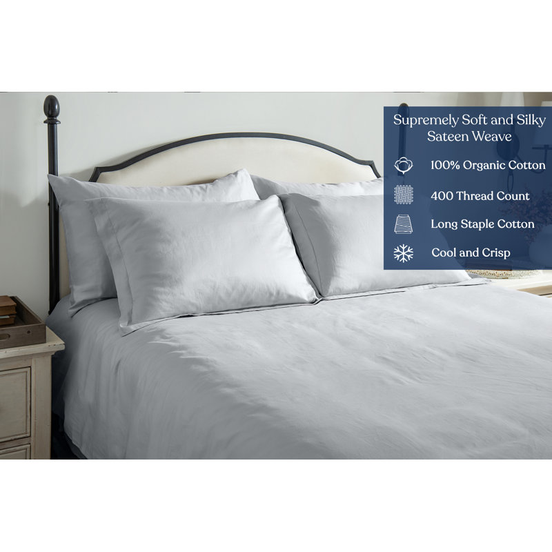 Delara GOTS Certified 100% Organic Cotton Sateen Duvet Cover Set, 400TC, Long Staple, Soft & Breathable, Light Gray