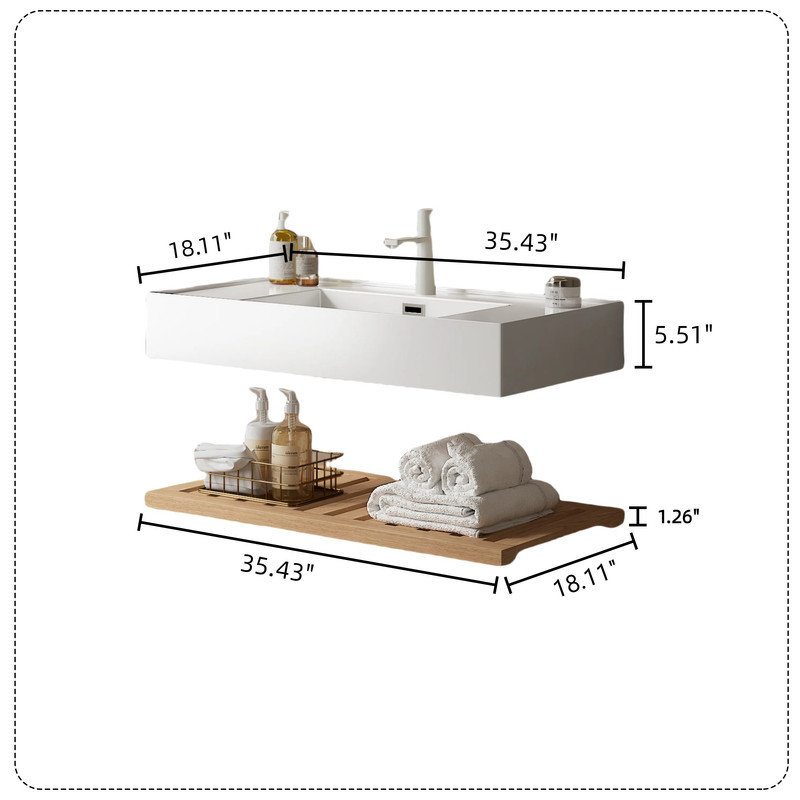 Meuble-lavabo de 36 po avec lavabo vasque, lavabo mural intégré en acrylique rectangulaire blanc flottant, Marron clair