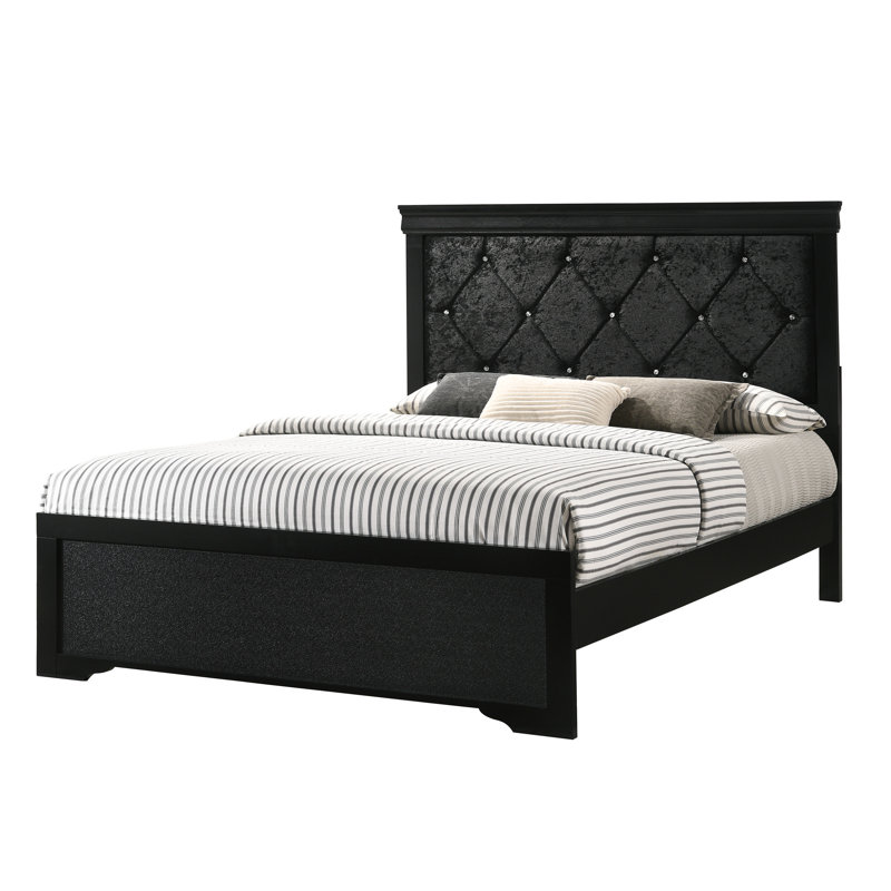 Black Finish King Size Bed With Headboard And Spectacular Button Tufting, Strong Frame Panel Splendid Framework Construction Element Component