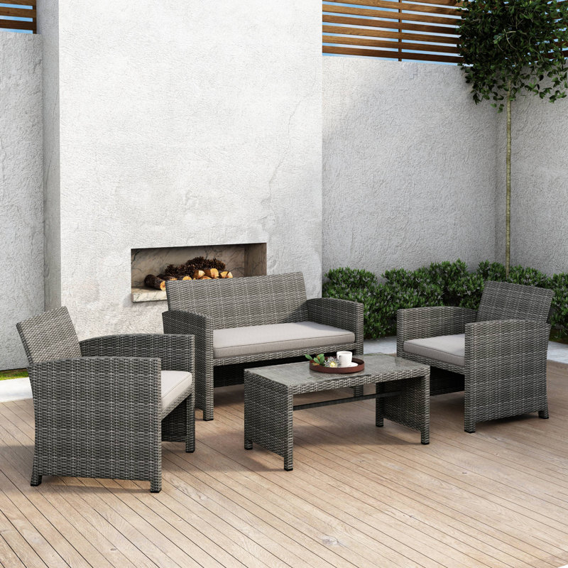 Lodd 4 - Person Patio Conversation Set with Cushions, Natural, Gray
