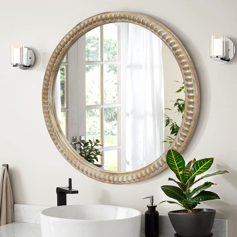 Miroir mural rond rond, miroir à cadre perlé en bois vieilli de 23,62 po pour hall d'entrée, salon, salle de bain, miroir décoratif de style maison de campagne