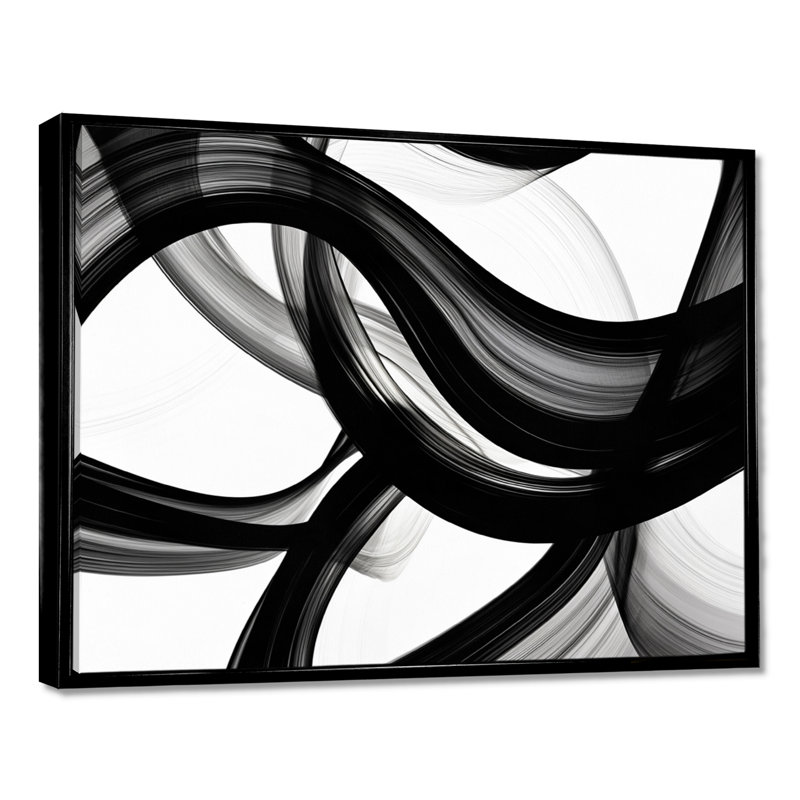 Vagues abstraites blanc noir tourbillons - formes abstraites modernes, art mural, Toile avec cadre flottant noir