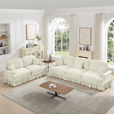 Classic 2 Piece Modular Couch Set With Flared Arms, Removable Ruffles, And Spindle Legs For Elegant Living Rooms, Beige White