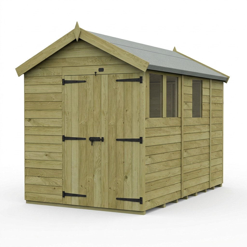 Total Sheds 7ft x 9ft Apex Garden Shed - Double Door - With Windows - Pressure Treated Timber - UK Manufactured