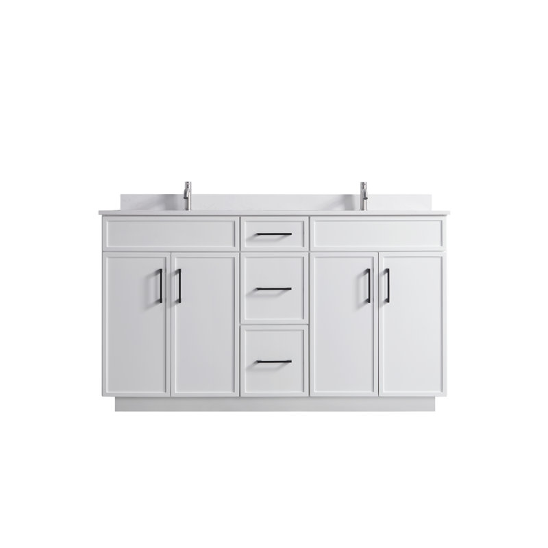 60" White Double Sink Freestanding Bathroom Vanity with Cultured Marble Top