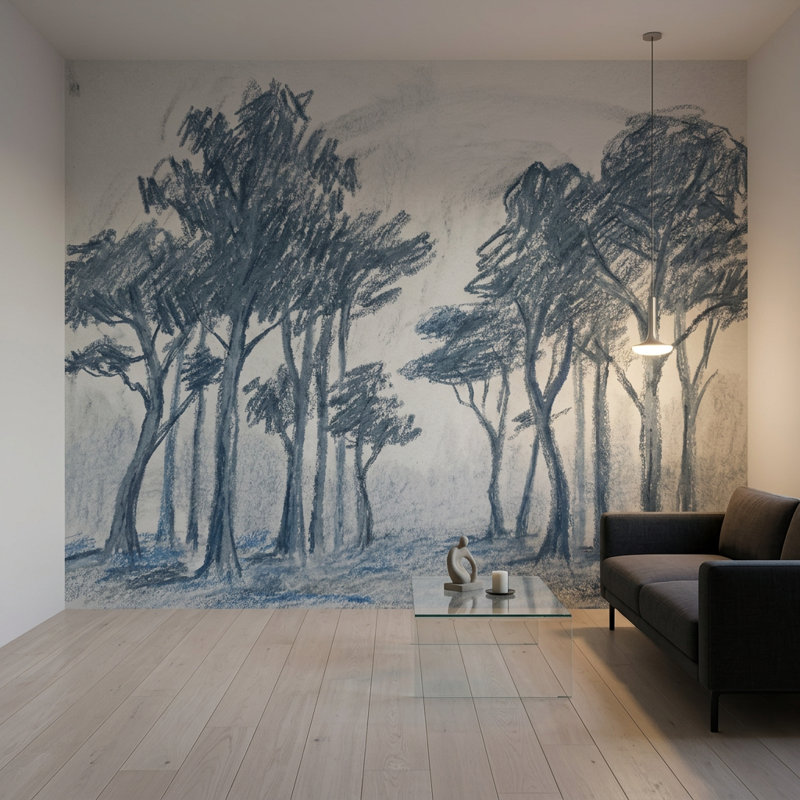 Papier peint arbre et croquis bleu gris, 140 po x 108 po, Peler et coller