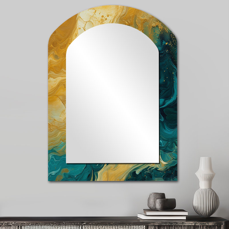 Golden Sunshine In Deep Blue Ocean Abstract - Abstract Painting Asymmetrical Large Wall Mirror, Gold Arch Decorative Mirror, Printed Metal Art