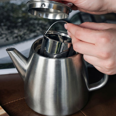 Café Olé Kelham Double Wall Stainless Steel Teapot with Infuser Basket, Thermal Insulated, 600ml, 2-3 Cup Tea Pot