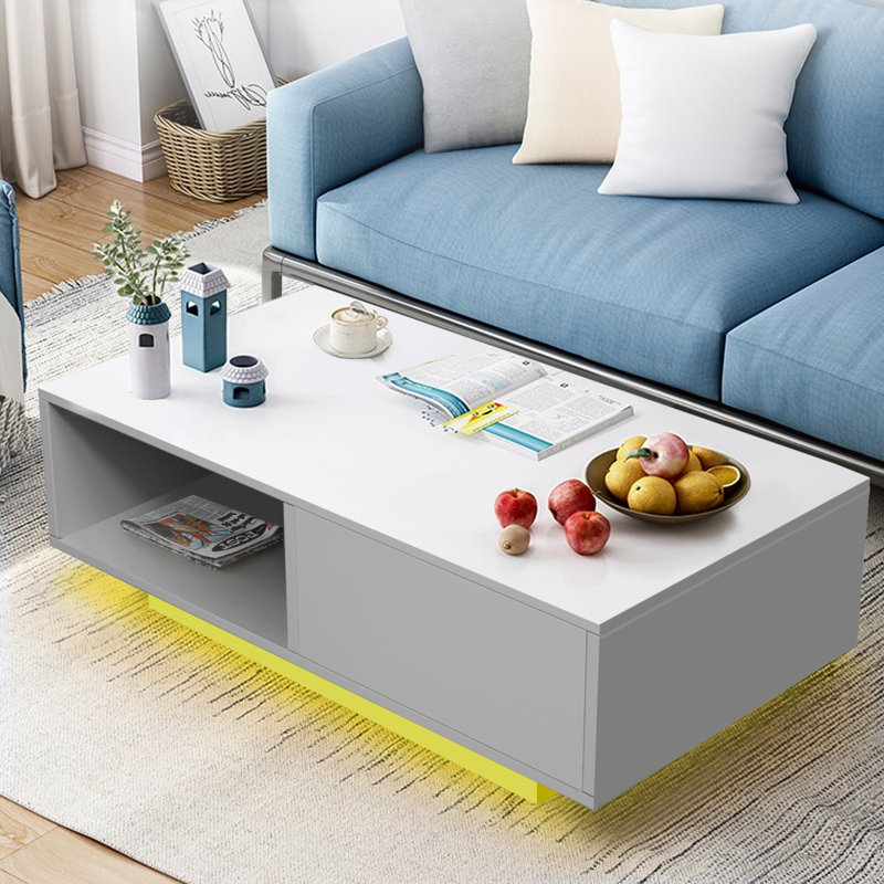 Table basse rectangulaire rectangulaire avec tiroir, table d'appoint centrale avec lumière DEL 16 couleurs, Blanc