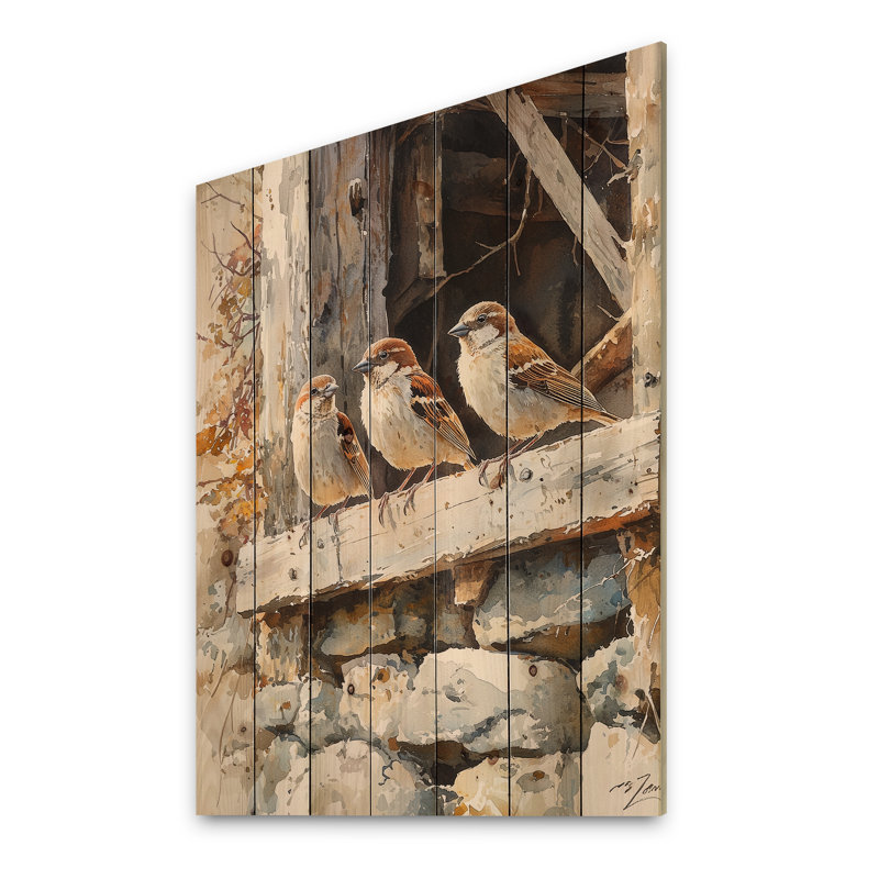 Sparrows Birds In The Farmyard I - Bird Wood Wall Decor - On Natural Pine Wood, 44" H x 34" W x 0.78" D