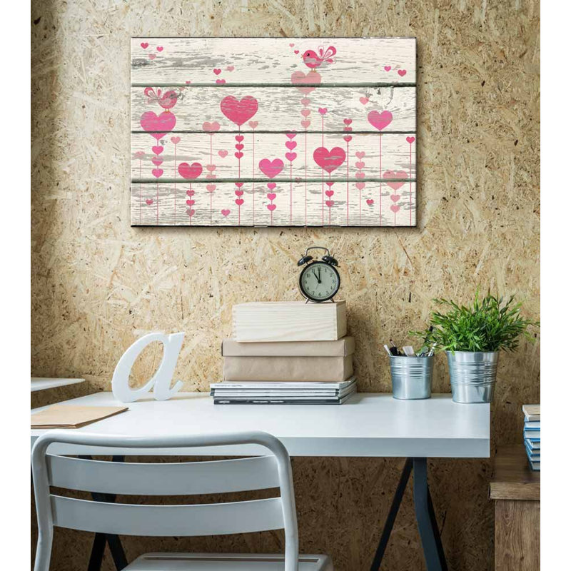 Dessin de cœurs roses et d'oiseaux chantant une œuvre d'art rustique, H 16 po x l 24 po