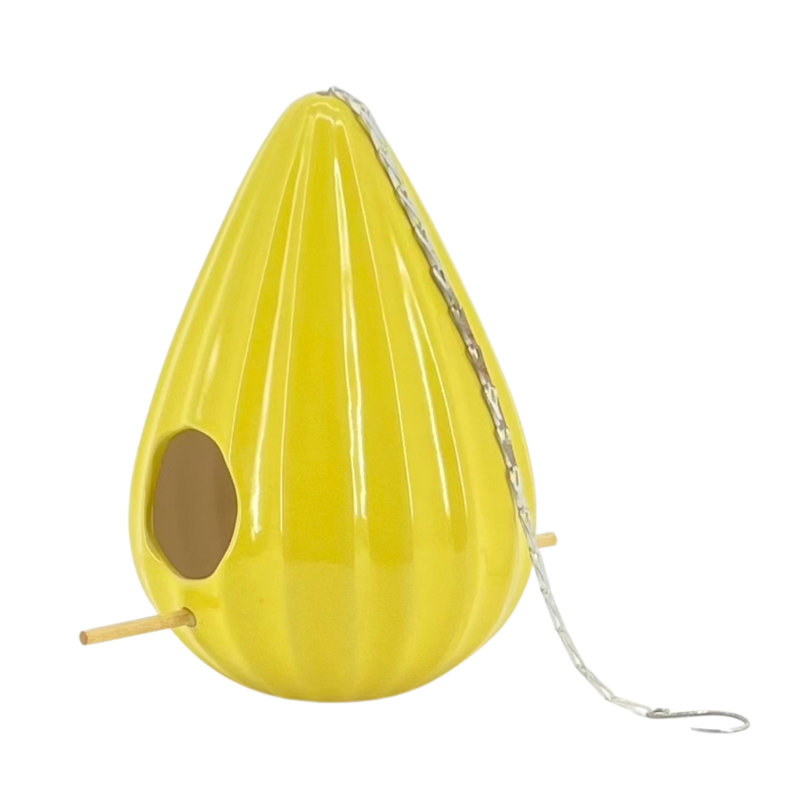 Yellow Ceramic Teardrop Ruffled Hanging Birdhouse