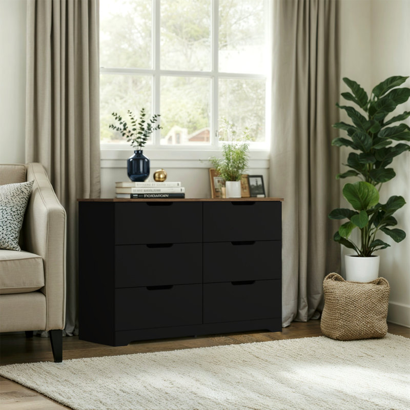 Commode 6 tiroirs Aroob, Noir / chêne noueux