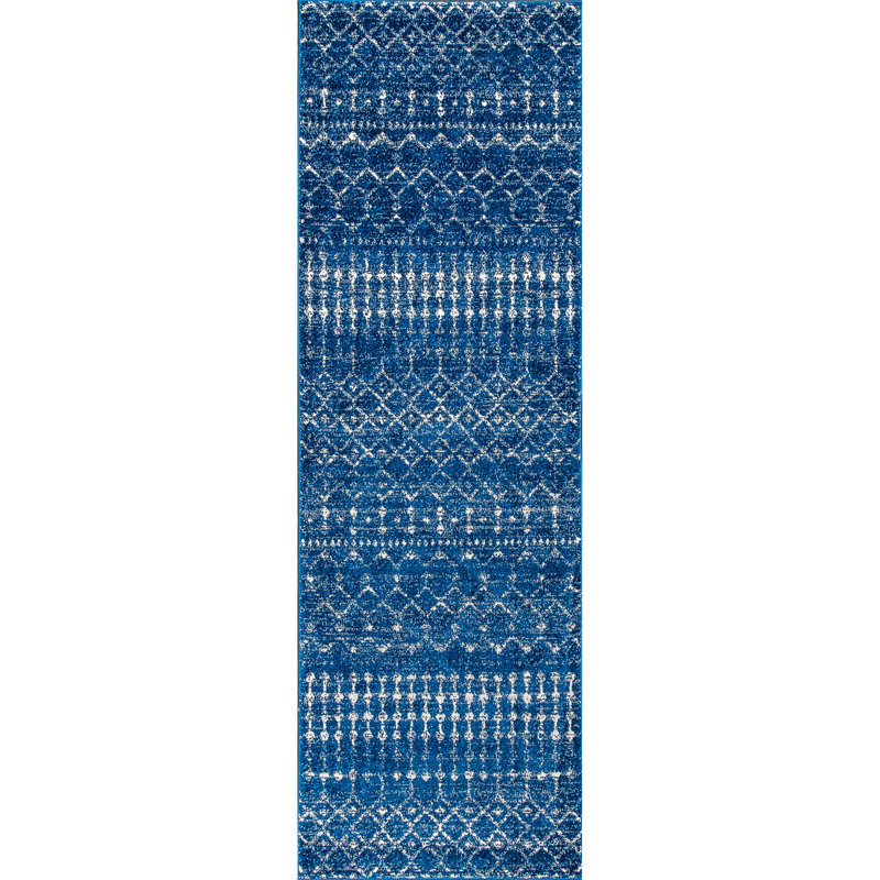 Maslah Geometric Moroccan Power Loom Performance Blue Rug, Runner 2'6" x 10'