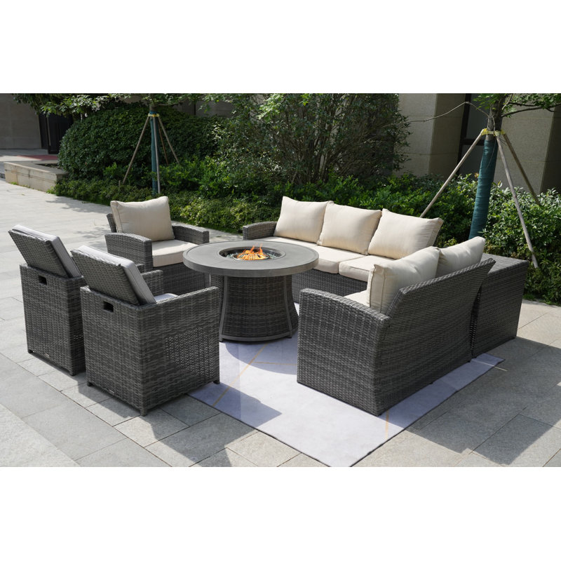 Ensemble de conversation en osier / rotin pour 8 personnes avec coussins Areefa, Gris