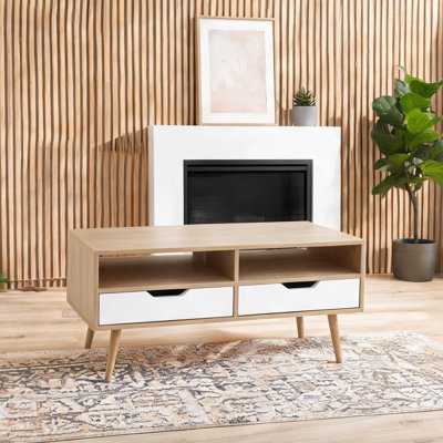 Table basse avec rangement à deux tiroirs, blanc frais et bois naturel, rectangulaire de 39,5 pouces pour le salon