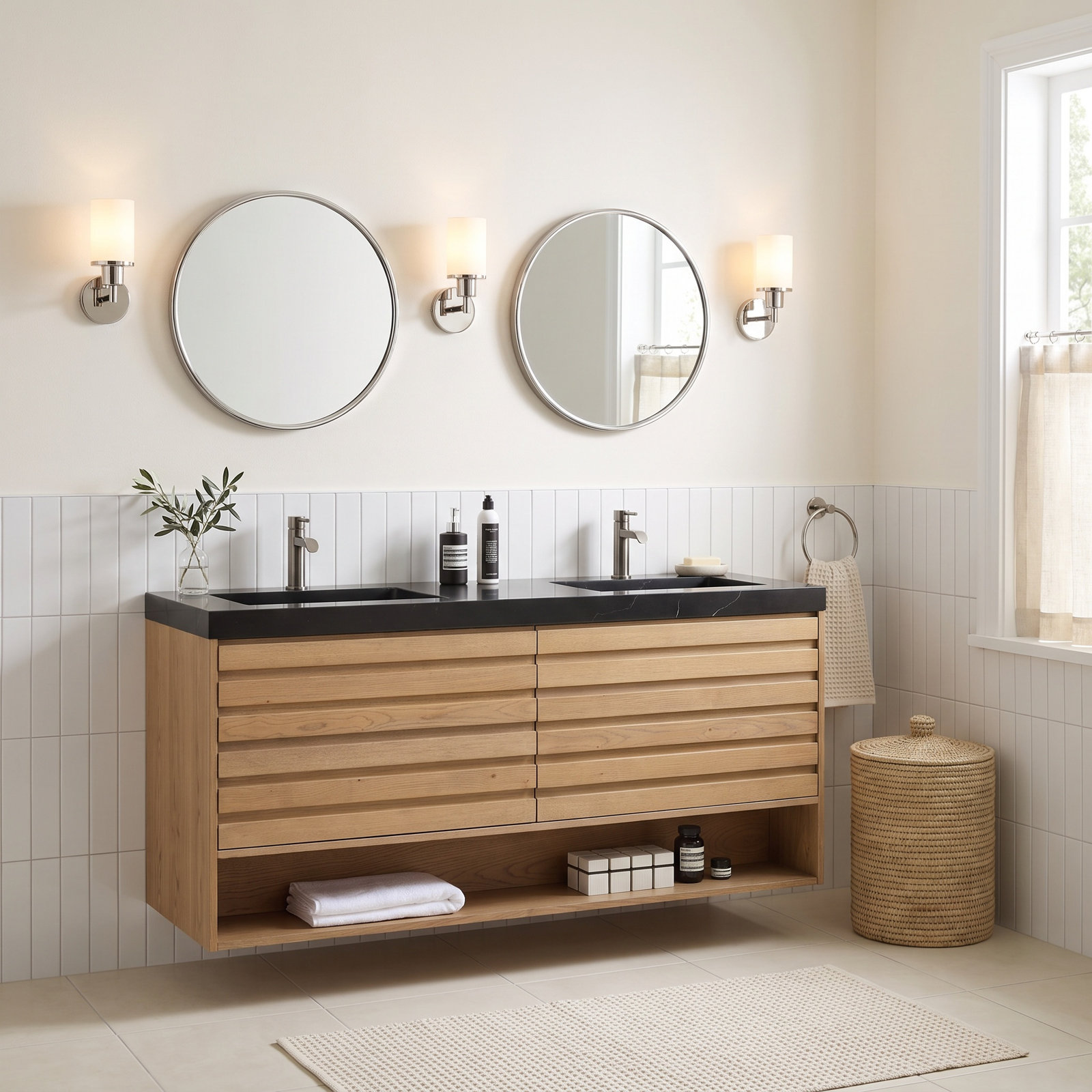 Maumelle 60" Cedar Double Bathroom Vanity, Pecan Oak, Black