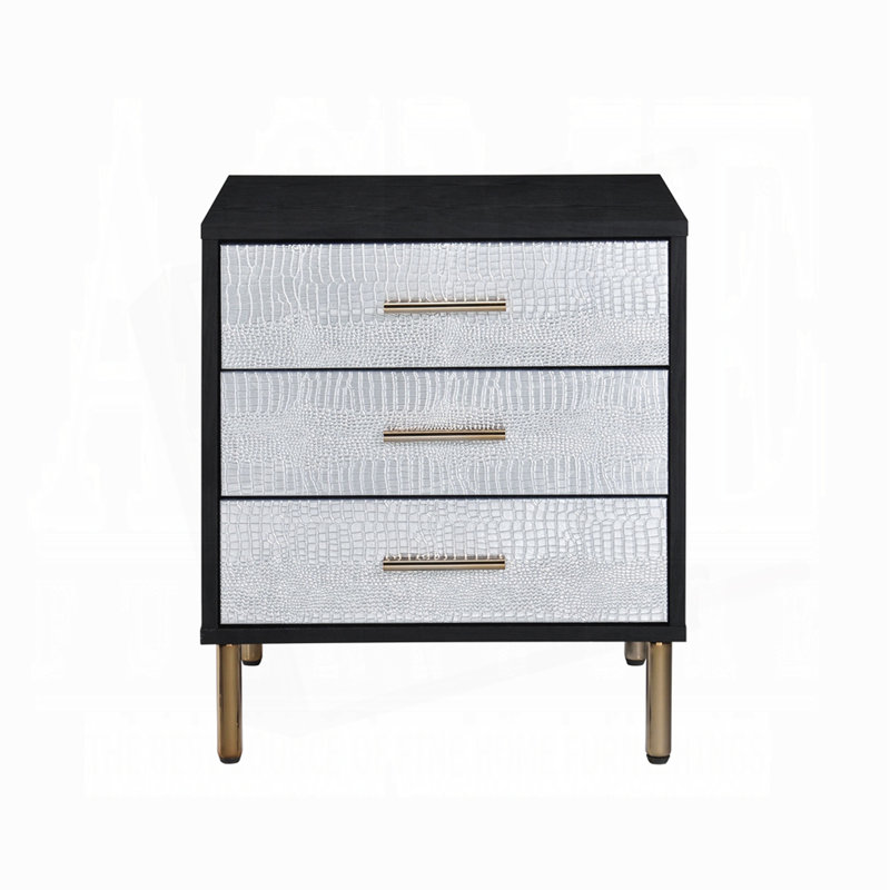 3 Drawers Particleboard Nightstand, Black, Silver And Gold