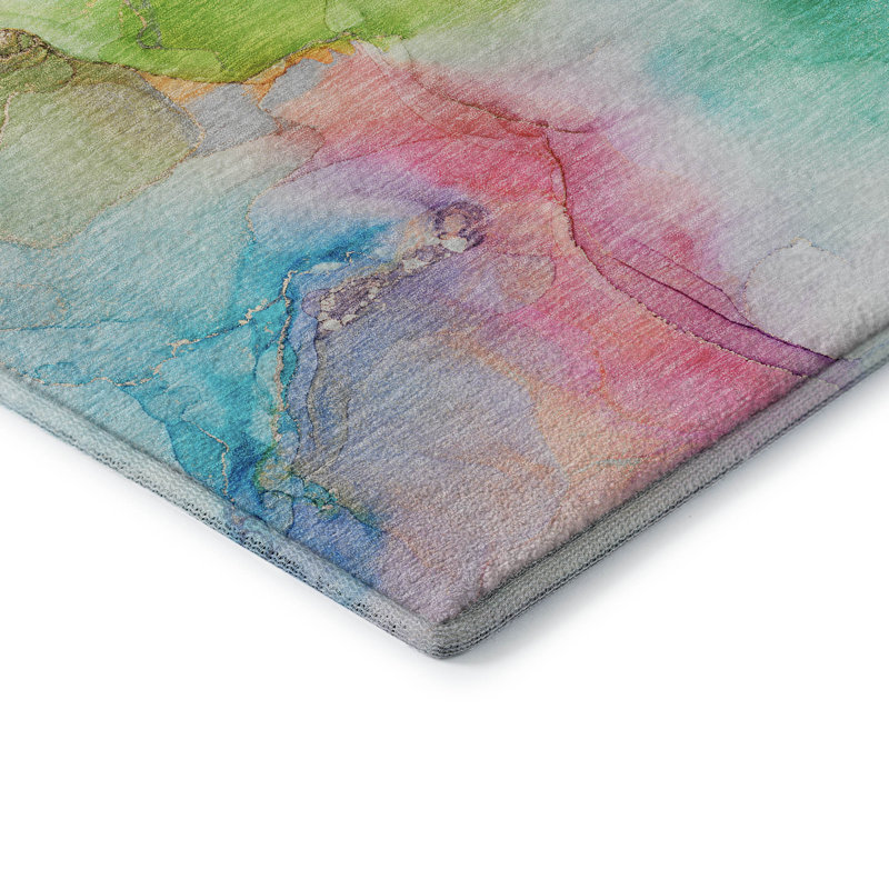Blue Abstract Rectangular Washable Synthetic Rug 1'8" x 2'6"