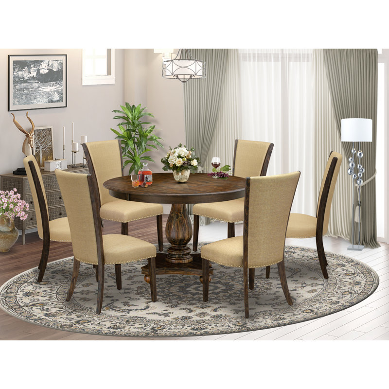 7 Piece Dining Table Set Consist of a Round Kitchen Table with Pedestal and 6 Brown Linen Fabric Parson Dining Room Chairs, Distressed Jacobean