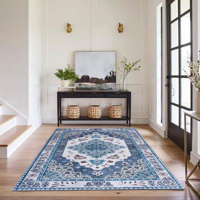Machine Washable Indoor&Outdoor Area Rug Non-Slip Backing Blue Vintage Low Pile Rug for Living Room Bedroom Dorm Hotel