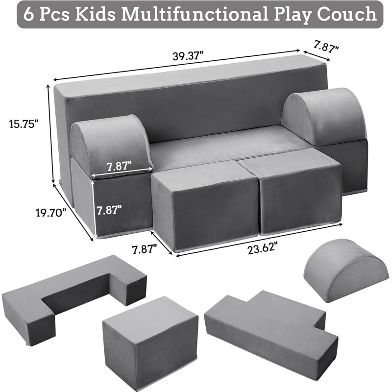 Ensemble de canapé modulaire pour enfants 6 pièces, canapé-lit en mousse souple pour salle de jeux et chambre à coucher, gris