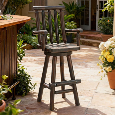  Outdoor Solid Wood Swivel Bar Stool, Oversized Patio Log Bar Height Chair With High Back, Heavy Duty 29.8" Tall Adirondack Chair With Armrest & Footrest, 500 Lbs Capacity, Carbonized