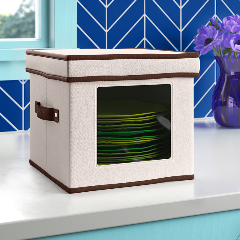  China Plate Storage Box, Holds 12 Dessert Plates or Bowls, Windowed Panel, Sturdy Frame and Reinforced Handles, Felt Cushions, Fully Removable Lid