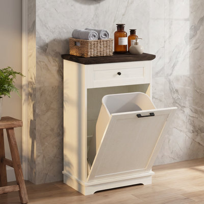 Meuble de poubelle basculant avec tiroir de rangement, support de poubelle dissimulé en bois sur pied, meuble à poubelle de cuisine de style ferme pour la maison
