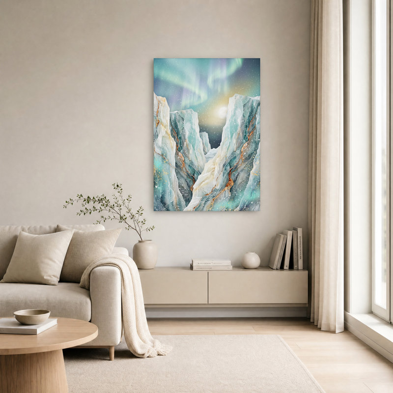 Art mural sur toile Teal Marble Mountains with Gold Veins under Aurora, H 24 po x l 16 po