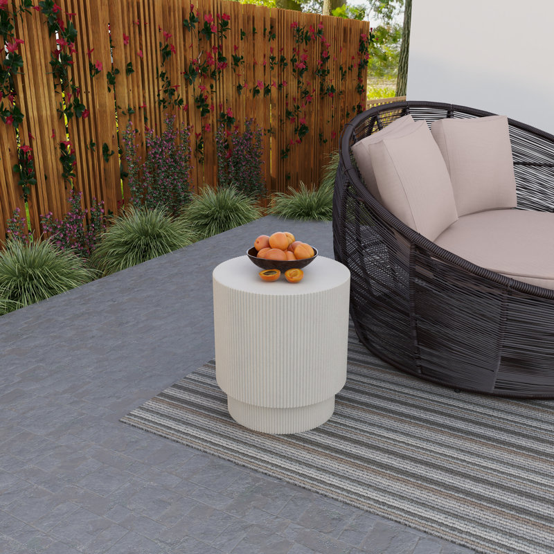 Biddlesden 14" Round Fiberstone Side Table with Ribbed Design – Indoor/Outdoor Accent Table for Patio, Living Room, or Bedroom