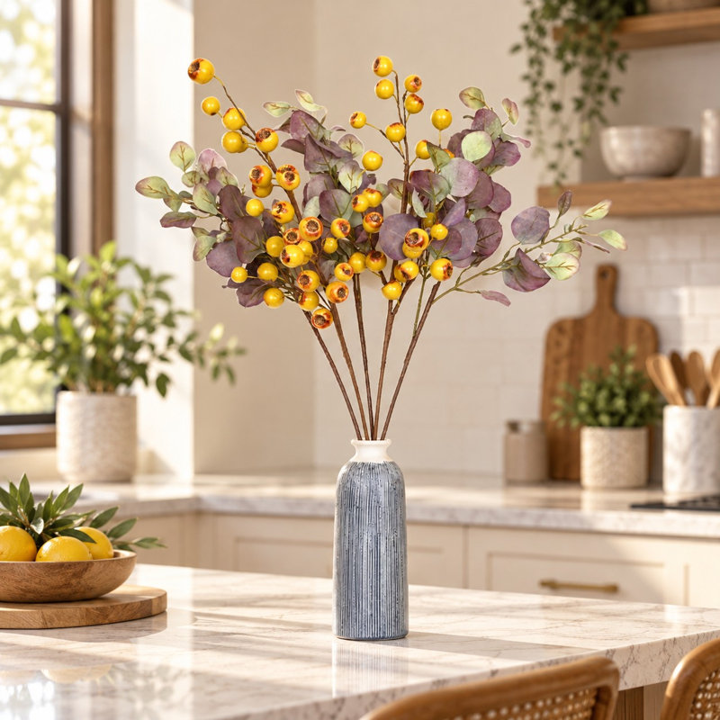 36 "tiges de pavot jaunes artificielles avec eucalyptus, fausses branches d'automne pour présenter un vase de table