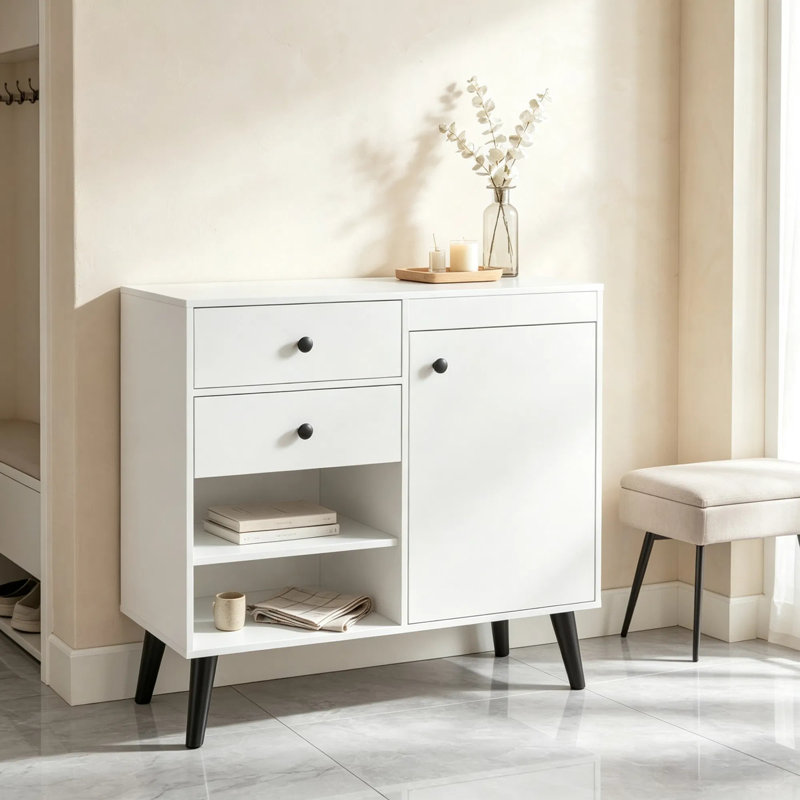 Buffet blanc, meuble de rangement en bois d'ingénierie avec 2 compartiments ouverts, armoire à portes, meuble multifonctionnel pour salle à manger ou salon